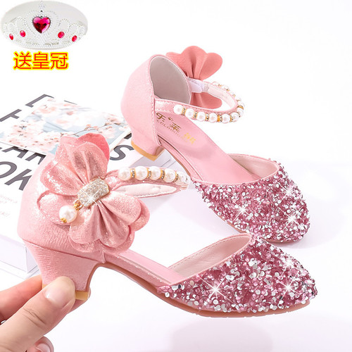 Children's High Heel Princess Shoe Model Fashion Show Performance Leather Shoes Silver Match Children's Formal Dress Sparkling Stage Crystal Shoes