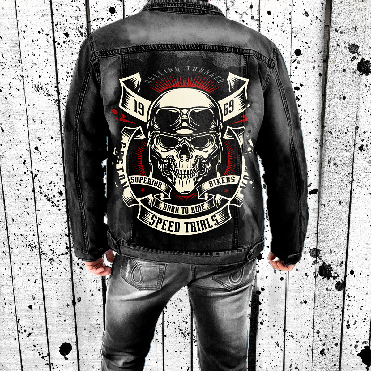 Men's outerwear skull bone religious style printed vintage washed denim jacket _voghion.com