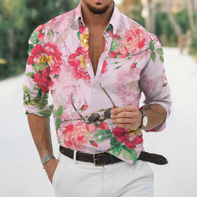 Transfronterizo 2025 primavera y otoño nuevo estilo de los hombres europeos y americanos más el tamaño de la camisa con estampado de plantas de rosas de manga larga