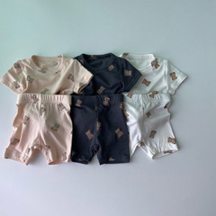 ins韓國夏裝卡通小熊印花套裝短袖上衣中小童裝寶寶短褲兩件套