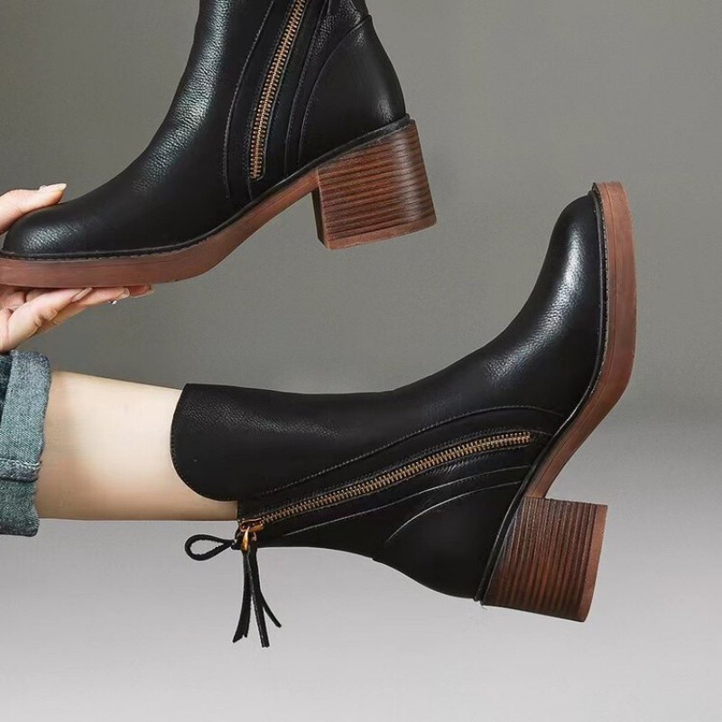 Autumn thick with brown short boots female British wind side zipper high heel color retro round Martin boots a generation of hair Autumn thick with brown short boots female British wind side zipper high heel color retro round Martin boots a generation of hair
