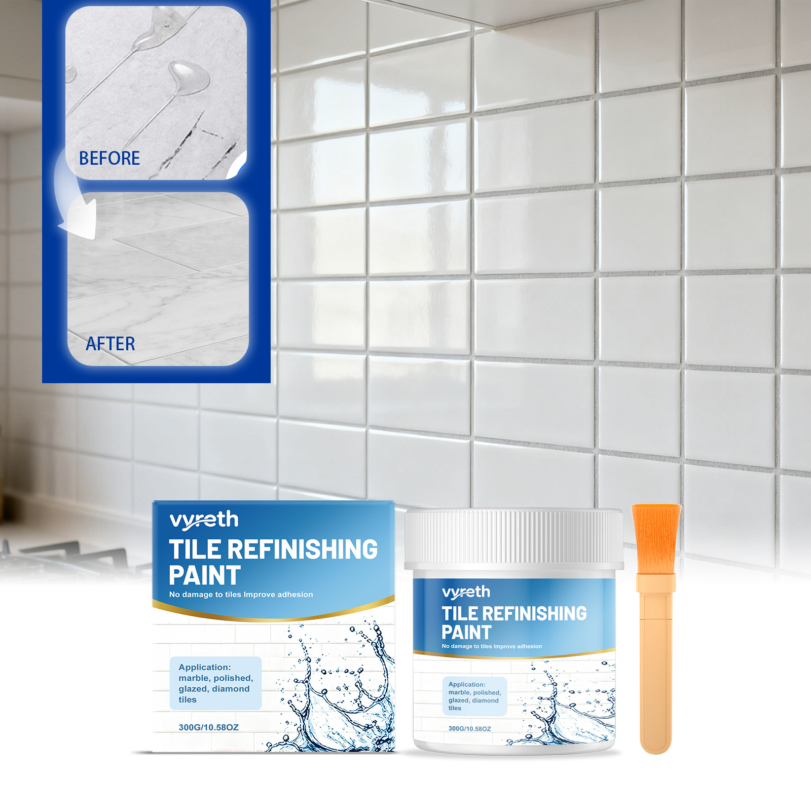 Vyreth Tile Renovation Paint (White) Water-Resistant and Stain-Resistant, Covers Old Color Stains, Suitable for Sinks and Toilets