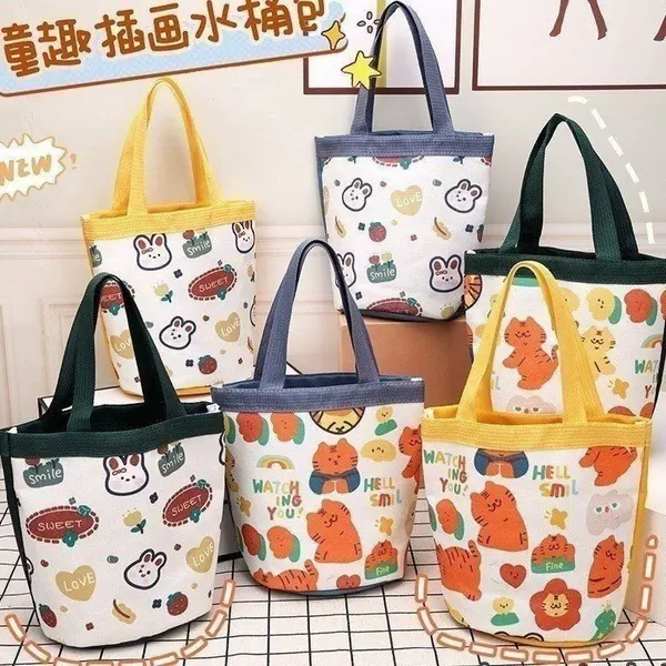 Canvas Bag Souvenir 2026 New Style Handbag Cute Cartoon Print Kidsren's Bucket Bag Lunch Box Bag Gift Bag