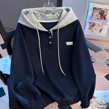 韩系设计感撞色连帽卫衣少女秋装2025新款初高中学生休闲宽松上衣