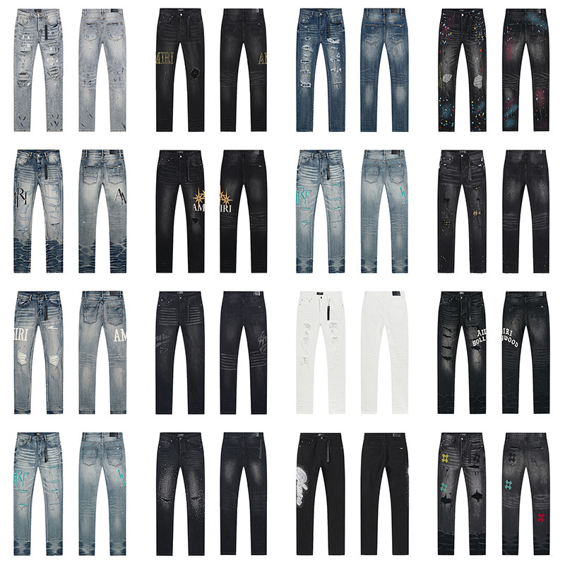 Amiri Jeans High-End American-Style High Street Ripped Patchwork Washed Vintage Embroidered Straight Slim-Fit Jeans