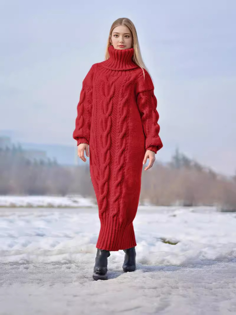 Transfronterizo europeo y americano otoño e invierno nuevo color sólido jersey de cuello alto retorcido suéter de punto suelto temperamento suéter vestido de viajero