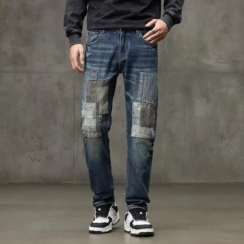 Heren retro patchwork jeans losse straight leg casual broek_voghion.com