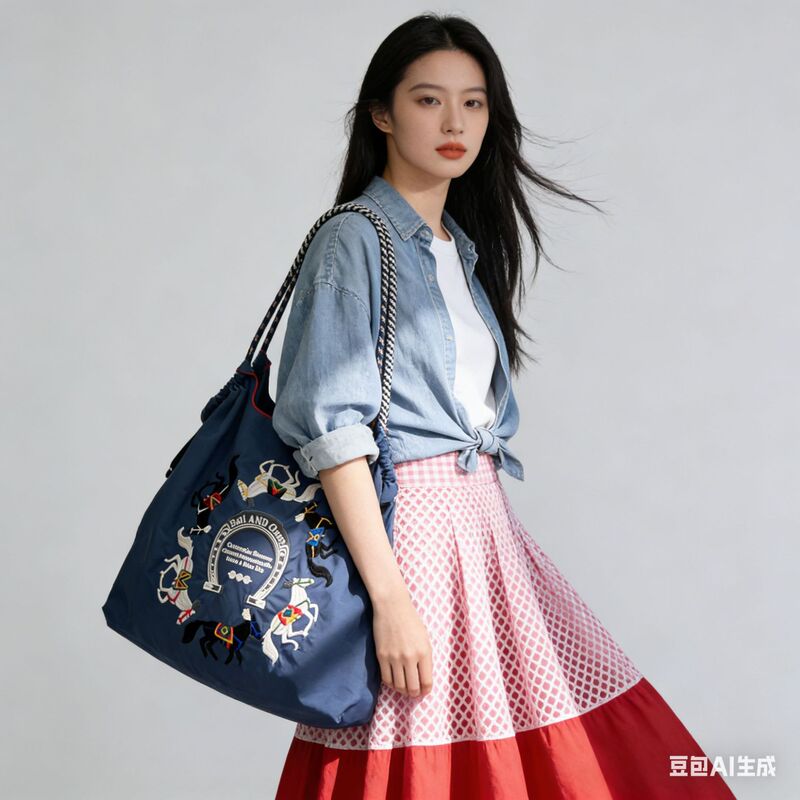 Trendy Influencer-Approved Ball Chain Horse Embroidery Eco-Friendly Tote Bag Embroidered Shoulder Bag Shopping Bag