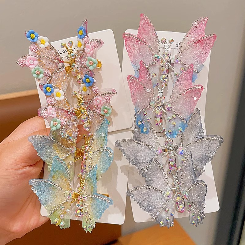 Horquilla de mariposa en movimiento horquilla de diamantes de imitación súper inmortal para niños 2025 nuevo clip de cabello roto lateral de niña accesorios para el cabello