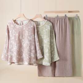新款色织提花棉麻女士家居服国风复古睡衣春夏秋季薄款家居服套装
