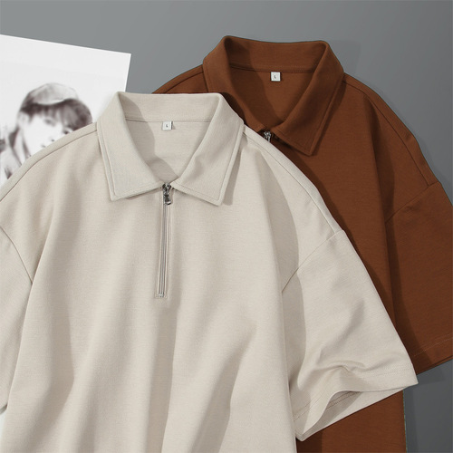 American Trend Texture Collar Short-Sleeve Polo Shirt Men's Summer Loose Round Neck Half-Zip T-shirt Top