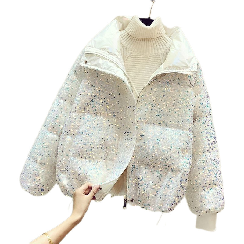 Sequin down Cotton Jacket for Women, New Trendy Winter Short Puffer Coat, Korean Style Loose Fit