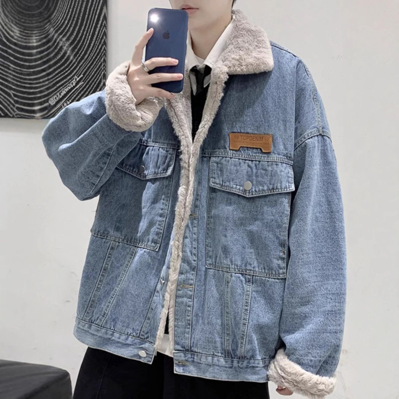 Winter New Imitation Rabbit Fur Cotton-padded Clothes Men's Trendy Loose Lamb Wool Cotton-padded Coat fleece-lined Denim Jacket Thick Coat