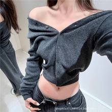 正确版 25秋冬新款美式纯欲风小众高级感一字肩V领针织毛衣开衫女