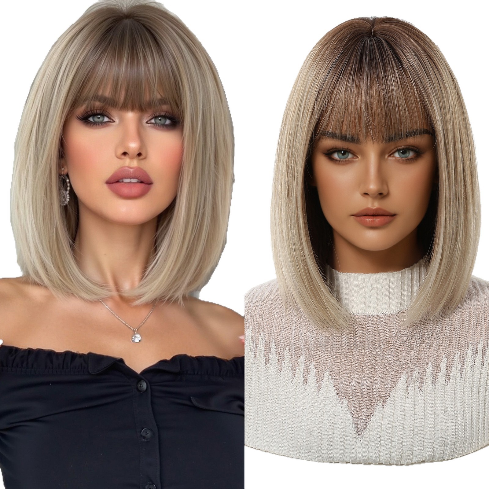 Peluca Bob Corta y Lisa para Mujer de Fibra Sintética, Con Flequillo, Refrescante, para Verano image 6