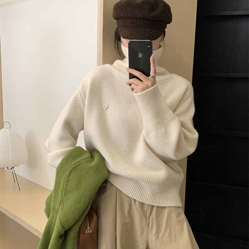 Korean style high-grade lazy fashion turtleneck sweater women's autumn and winter thickened soft glutinous loose temperament bottoming knitted top