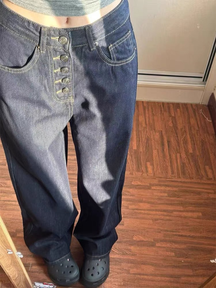 美式復古深藍色直筒牛仔褲女夏季新款設計感單排扣高腰顯瘦拖地褲