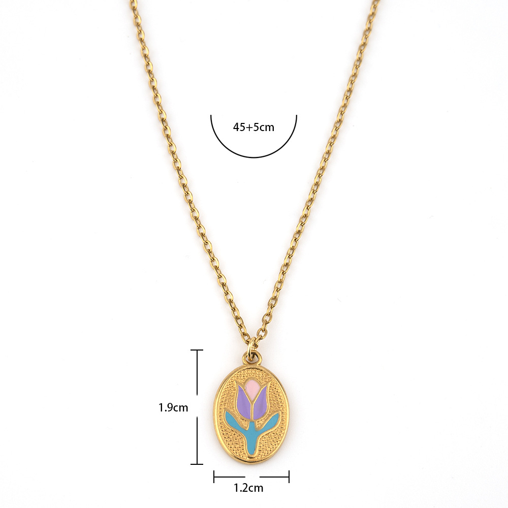 French colored tulip with gold vacuum color protection electroplating stainless flower drop oil titanium steel necklace_voghion.com