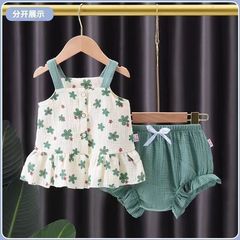 嬰兒吊帶兩件套夏季薄款女寶寶網紅紗布時髦洋氣寬肩短褲無袖套裝