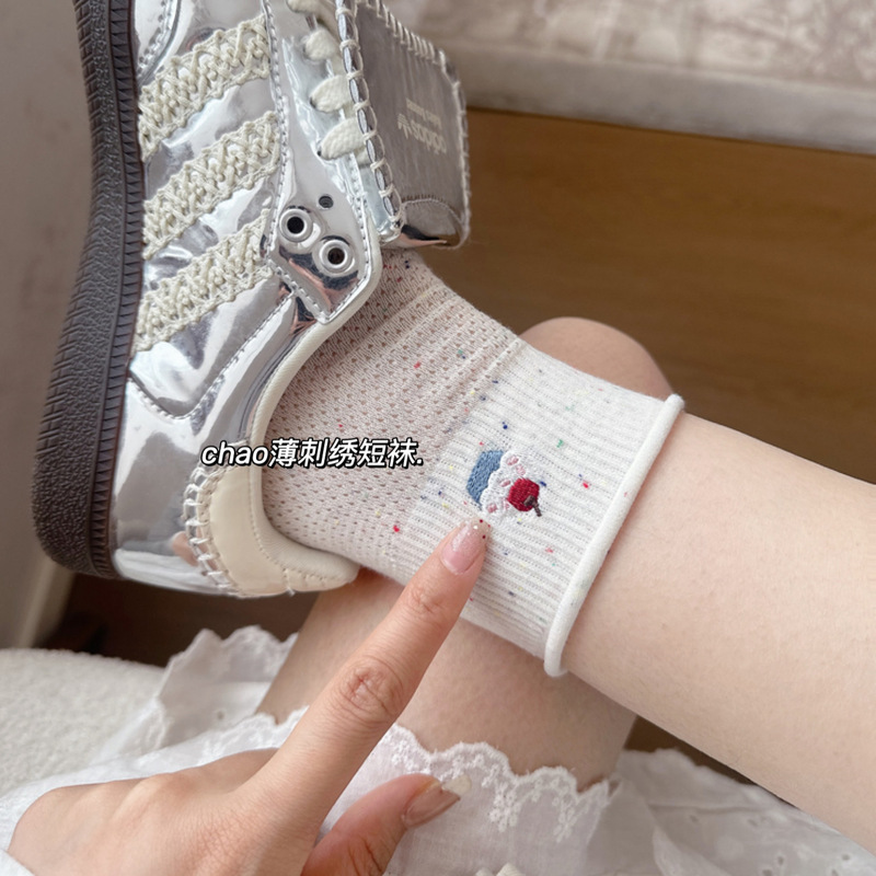 Spring and summer new curling socks Korean ins embroidery thin breathable mesh short socks cartoon cute idea women's socks