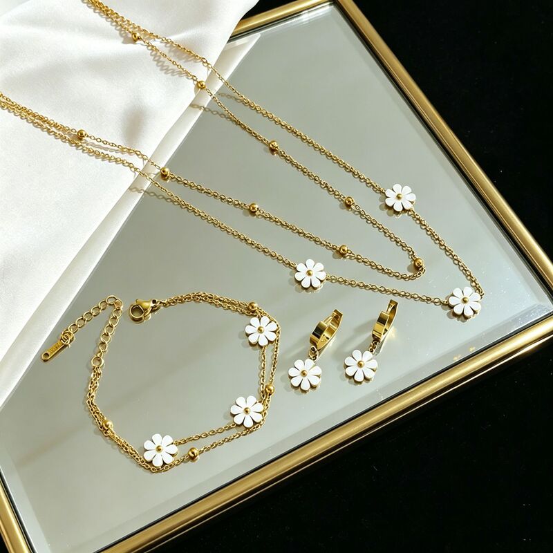 Cross-Border Hot-Selling Ins-Style Small Daisy Bead Chain Stainless Steel Necklace for Women, Fresh Daisy Bracelet and Earring Set Cross-Border Hot-Selling Ins-Style Small Daisy Bead Chain Stainless Steel Necklace for Women, Fresh Daisy Bracelet and Earring Set