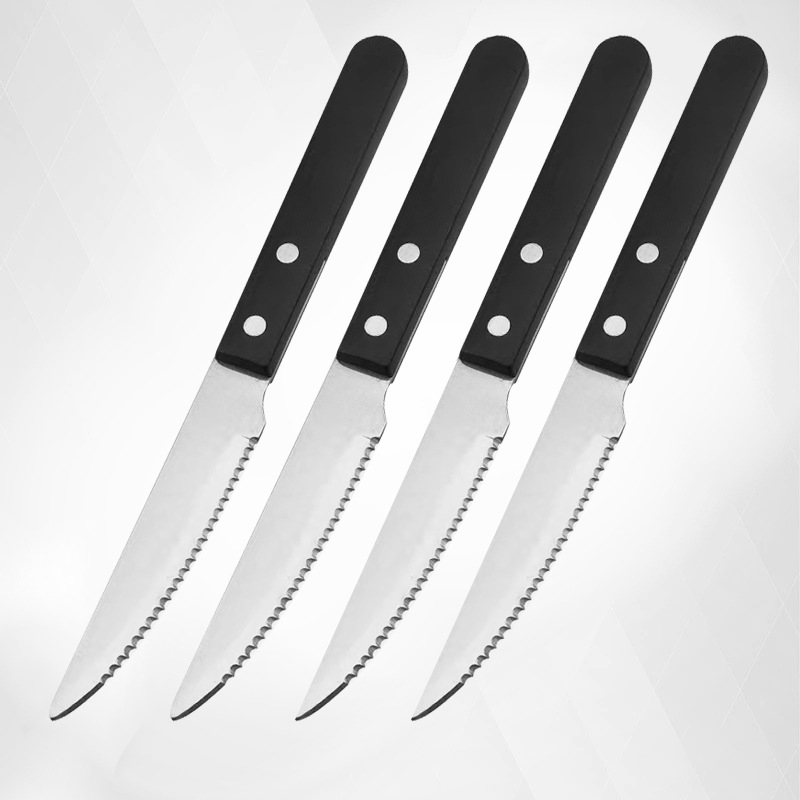 Manufacturer Wholesale Kitchen Knives with Plastic Handles, Steak Knives, Hotel Restaurant Stainless Steel Serrated Cutlery, Fine Steel