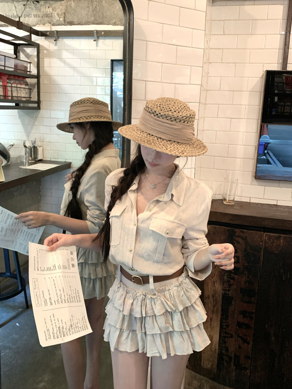 kubiliv松弛holiday法式松弛感亚麻正肩衬衫上衣蛋糕裙两件套|undefined
