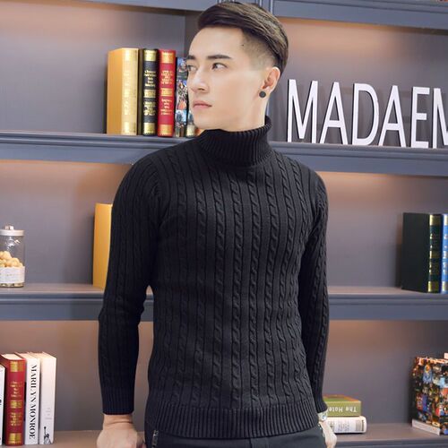 Autumn and Winter Men's High-Neck Sweater Korean Style Knitted Shirt with Fleece and Thick Warm Innerwear Line Outerwear for Middle-Aged and Elderly Men