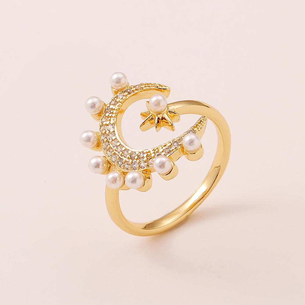 Women's Copper Ring Geometric Moon Star Cute Pearl Tail Ring display picture 1