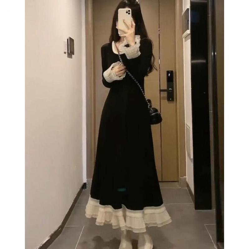 法式赫本风花边拼接针织长袖连衣裙女早秋款内搭收腰显瘦打底长裙|undefined