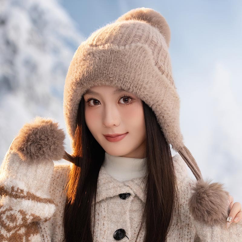 新款时尚针织帽女三毛球毛线帽冬天百搭保暖套头护耳帽休闲防寒帽|undefined