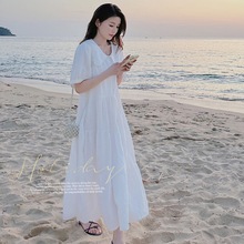 实拍森系气质肌理感白色连衣裙2024夏法式温柔风甜美初恋茶歇长裙