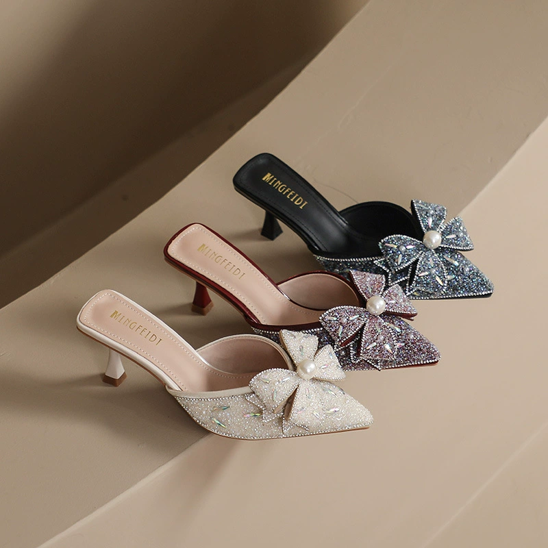 Ледяные шлепанцы со стразами на высоком каблуке женские летние модные остроконечные шлепанцы на каблуках