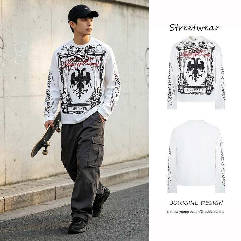 Waffle-patterned graffiti double-headed eagle totem long-sleeve T-shirt, new autumn style, dark subculture loose casual top, trendy