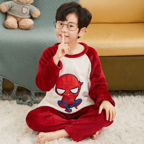 Children's sleepwear flannel winter for girls and boys coral velvet one-piece hooded set for middle-aged children boys home wear set