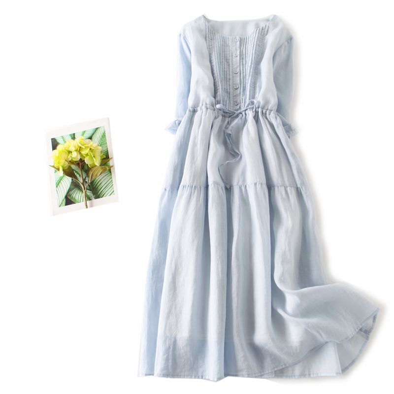 2026 Ramie Dress, Loose-Fitting, Artistic Drawstring, Slimming Mid-Length Blue Forest-Style Base Dress, Elegant Fairy Dress