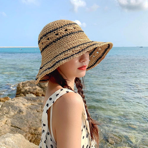 日系草帽女夏季海边沙滩度假网红钩针镂空透气时尚简约渔夫帽子潮