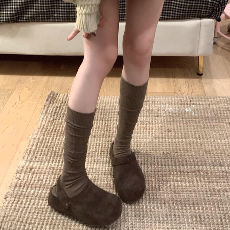 Coffee-Colored Calf-Length Socks for Women, Spring and Autumn Japanese Lolita Style Knee-High Socks, Solid Color Lace White Long Socks Paired with Birkenstock Shoes