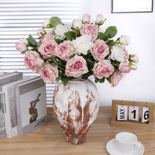 仿真花3头焦玫瑰家居客厅装饰花婚礼摄影道具复古秋色多头假花