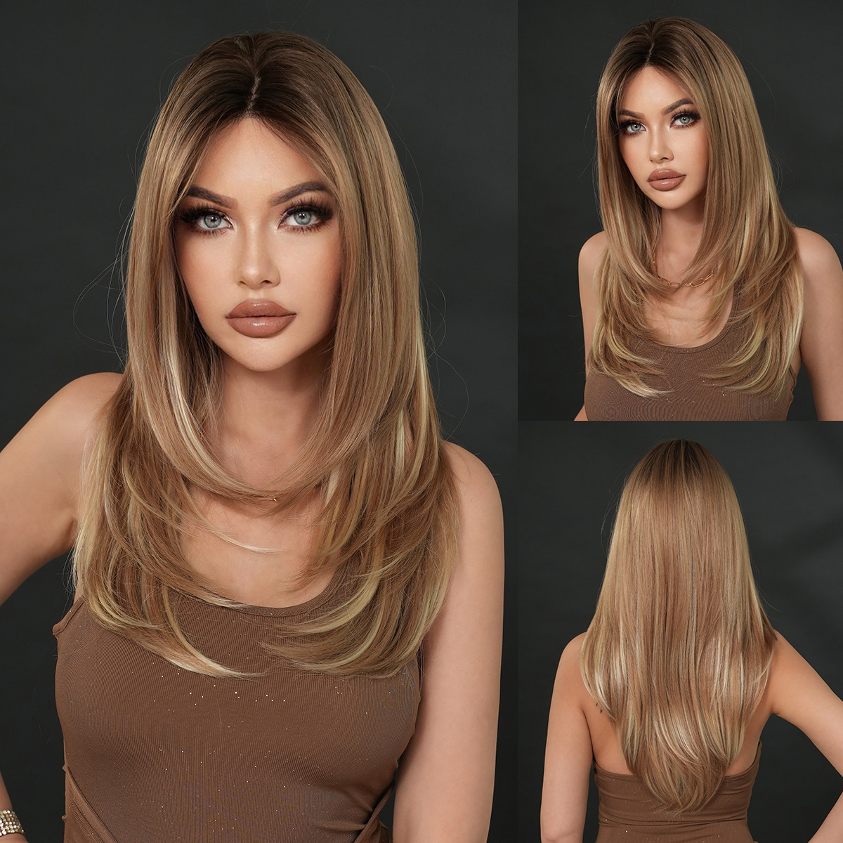 小额蕾丝假发女全头套亚裔辣妹挑染金色层次内扣直发自然发缝假发