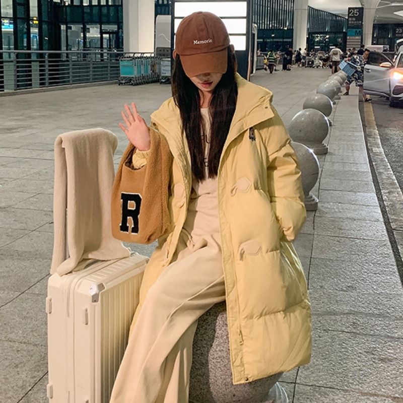 中长款学院风羽绒棉服女2025韩系冬装新款棉衣小个子连帽学生外套