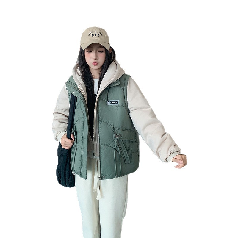 2025 nuevo abrigo de algodón de plumón de moda femenina estudiantes falsos dos chalecos de algodón chaqueta de invierno coreana suelta abrigo grueso