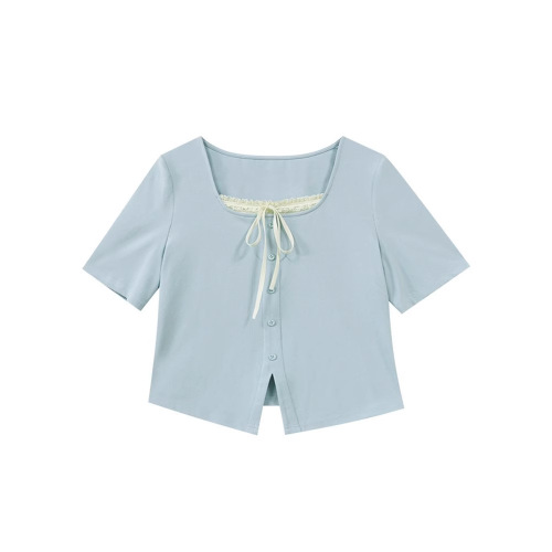 Women's Summer French Square Collar Lace Splicing False Two-Piece T-Shirt with Positive Shoulder Design for Hiding Fat and Slimming