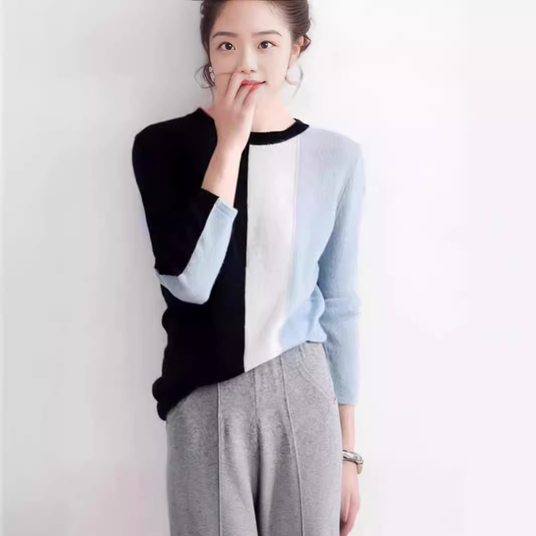 韩版气质洋气时尚拼接撞色条纹针织衫法式显瘦百搭长袖毛衣上衣女
