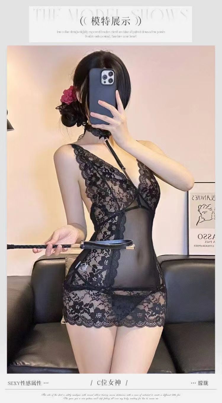 Lace Perspective Deep-V Babydoll Set with Sheer Mesh and Stockings — detail image 7