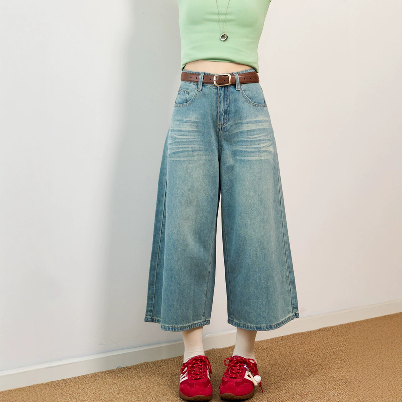 Light Blue Wide-Leg Jeans, Cropped Pants for Women, New Summer Style, High-Waisted, Loose Fit, Slimming, Petite, Straight-Leg Mid-Length Pants Light Blue Wide-Leg Jeans, Cropped Pants for Women, New Summer Style, High-Waisted, Loose Fit, Slimming, Petite, Straight-Leg Mid-Length Pants