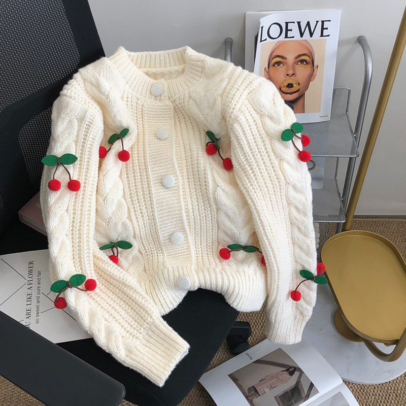 Korean Style Sweet Sweater Women's Short Knitted Cardigan 2025 Autumn and Winter New Cherry Age-Reducing Loose Lazy Style Top