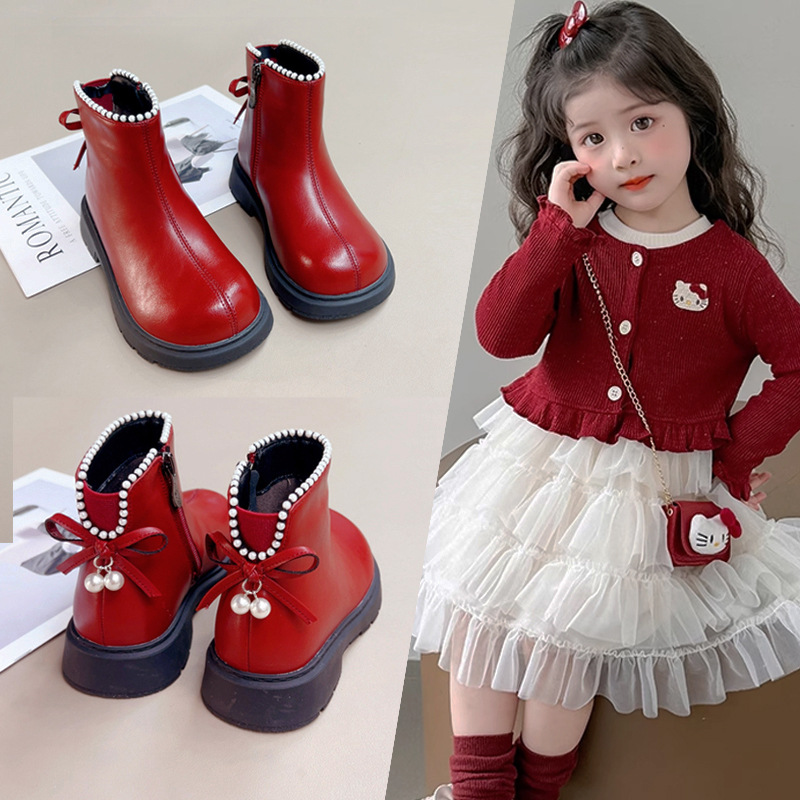 Girls' Boots and Kidsren's Shoes 2025 Autumn and Winter Trendy Kidsren's Short Boots Fleece-Lined Boots Princess Boots 8627