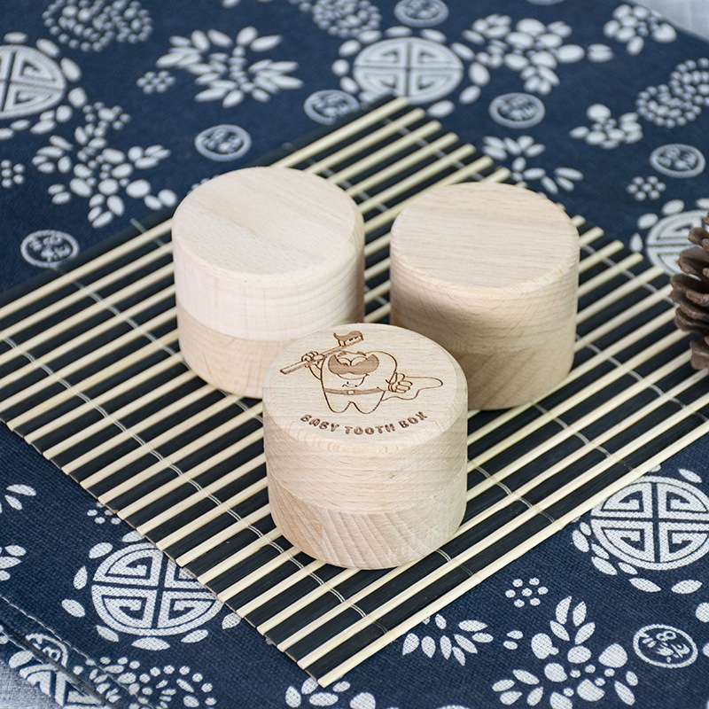 Beech Wood Baby Tooth Box Wooden Tooth Storage Box Fetal Hair Collection Round Buckle Lid Baby Gift Tie Box Cross-Border