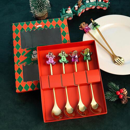 Stainless steel Christmas spoon set Christmas tableware coffee spoon fruit fork cartoon Christmas doll spoon fork